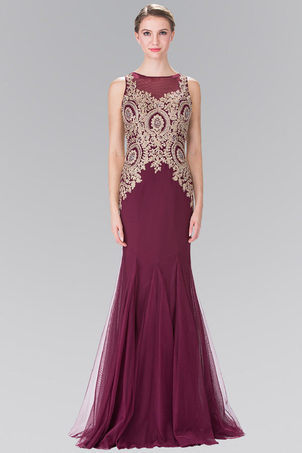 Embroidered Bodice Long Dress with Sheer Back-5