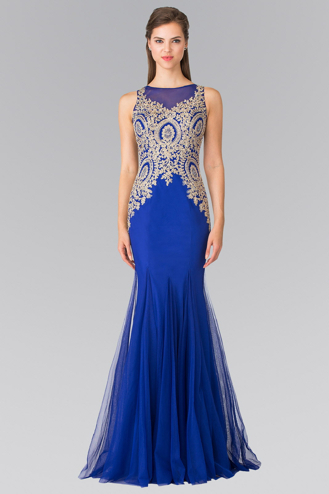 Embroidered Bodice Long Dress with Sheer Back-0