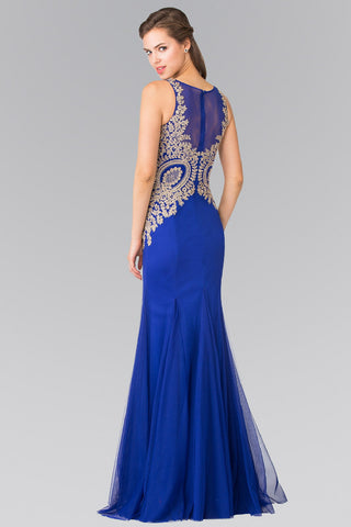 Embroidered Bodice Long Dress with Sheer Back-1