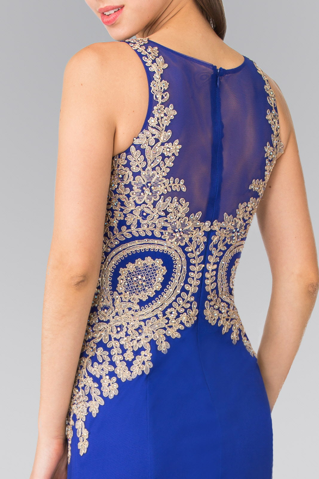 Embroidered Bodice Long Dress with Sheer Back-2