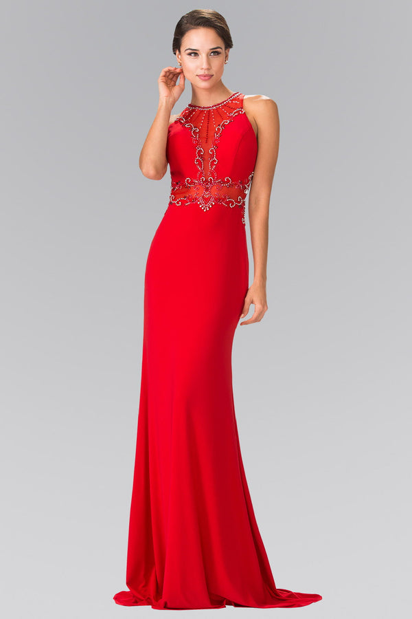 Beads Embellished Jersey Long Dress with Sheer Back-0