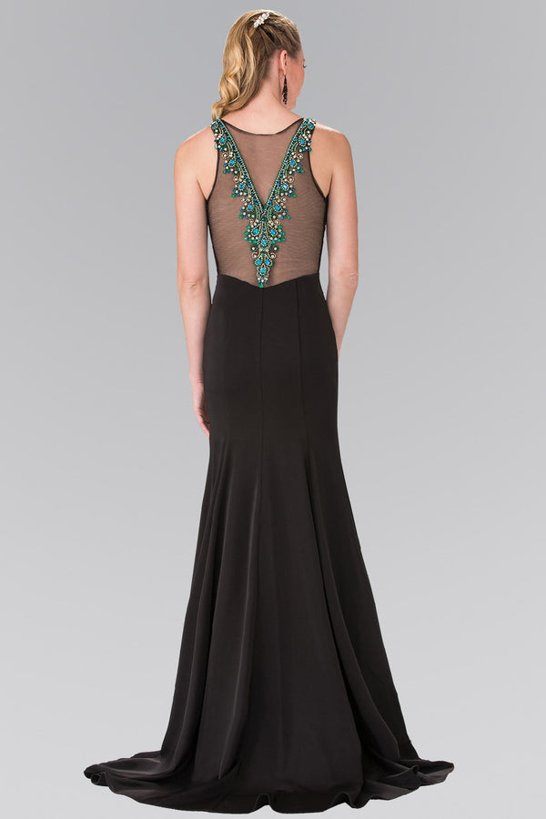 Illusion V-Neck Beaded Top Long Dress with Sheer Back-4