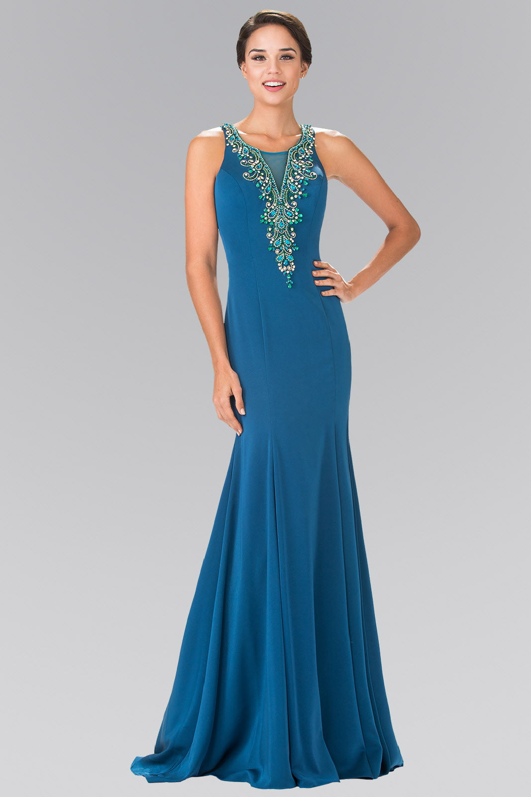 Illusion V-Neck Beaded Top Long Dress with Sheer Back-0