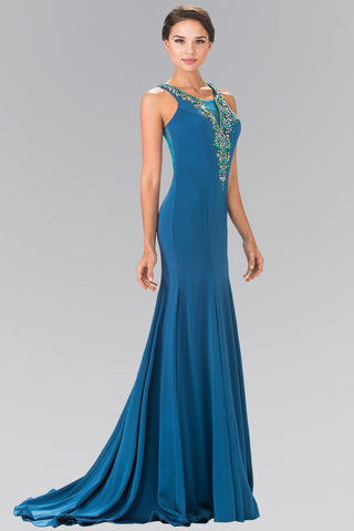 Illusion V-Neck Beaded Top Long Dress with Sheer Back-1