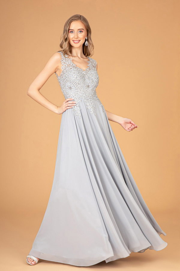 V-Neck Embroidered Chiffon Long Dress-11