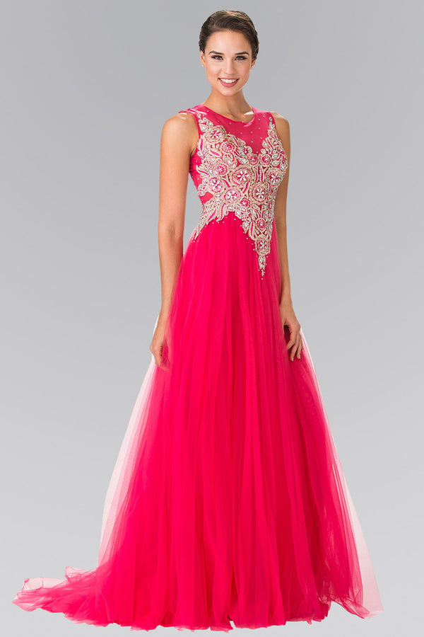 Embroidered Bodice Tulle Long Dress-0