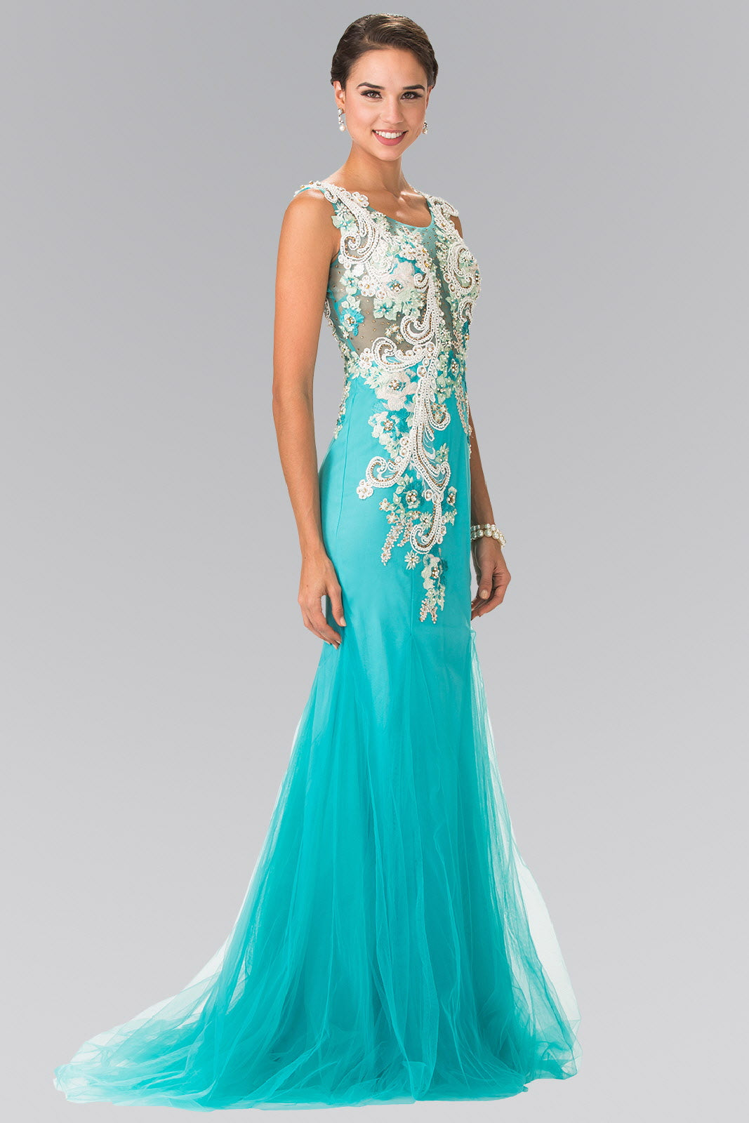 Embroidery Jersey Mermaid Long Dress with Sheer Back-4