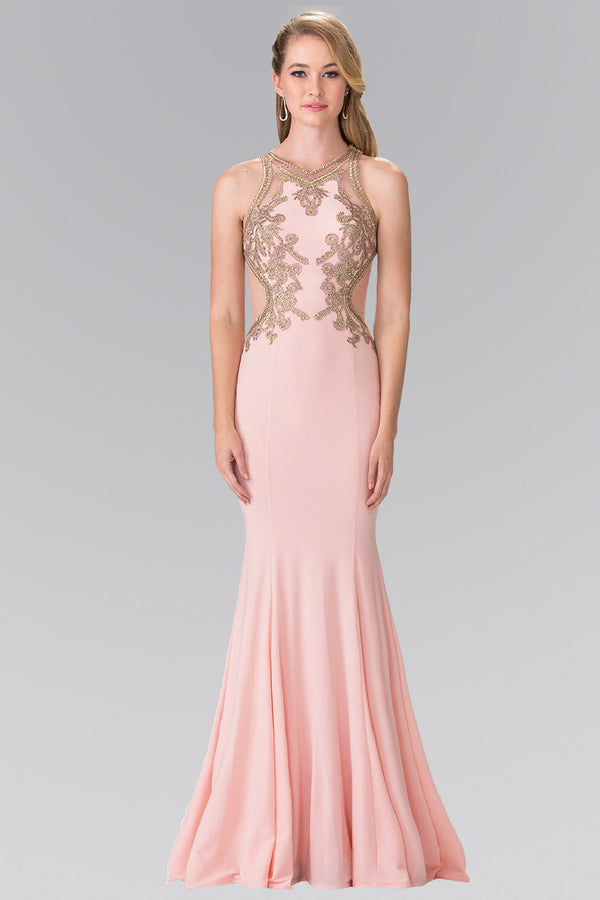 Beading and Embroidery Jersey Long Dress with Sheer Back-0