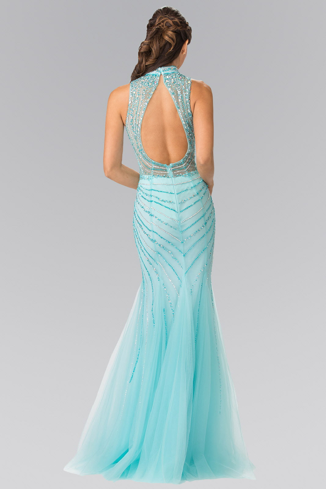 Full Beaded Halter Neck Illusion Top Dress with Open Back-1