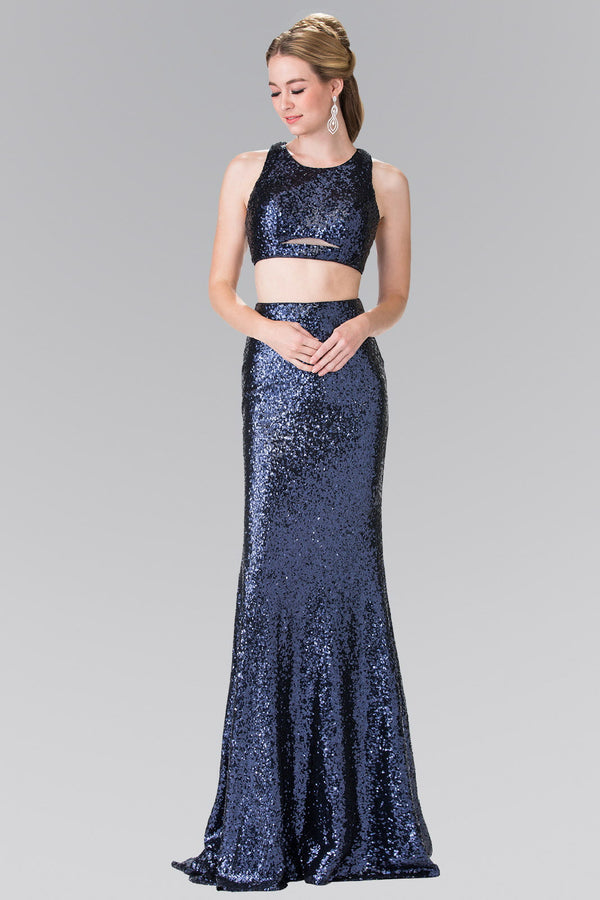 Mock Two-Piece Sequin Long Dress Accented with Side-Cuts-4