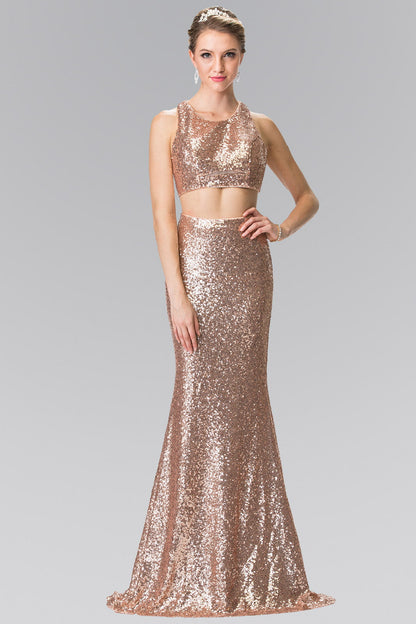 Mock Two-Piece Sequin Long Dress Accented with Side-Cuts-5