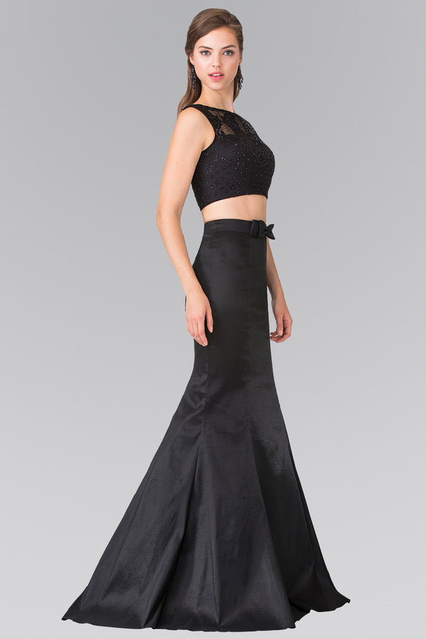 Two Piece Taffeta Long Dress Accented with Ribbon Waist and Lace Top-1