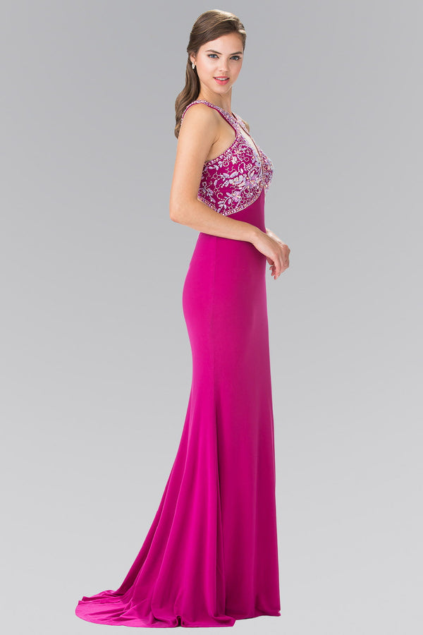 Beads Embellished Jersey Long Dress with Cut-Out Front and Back-1