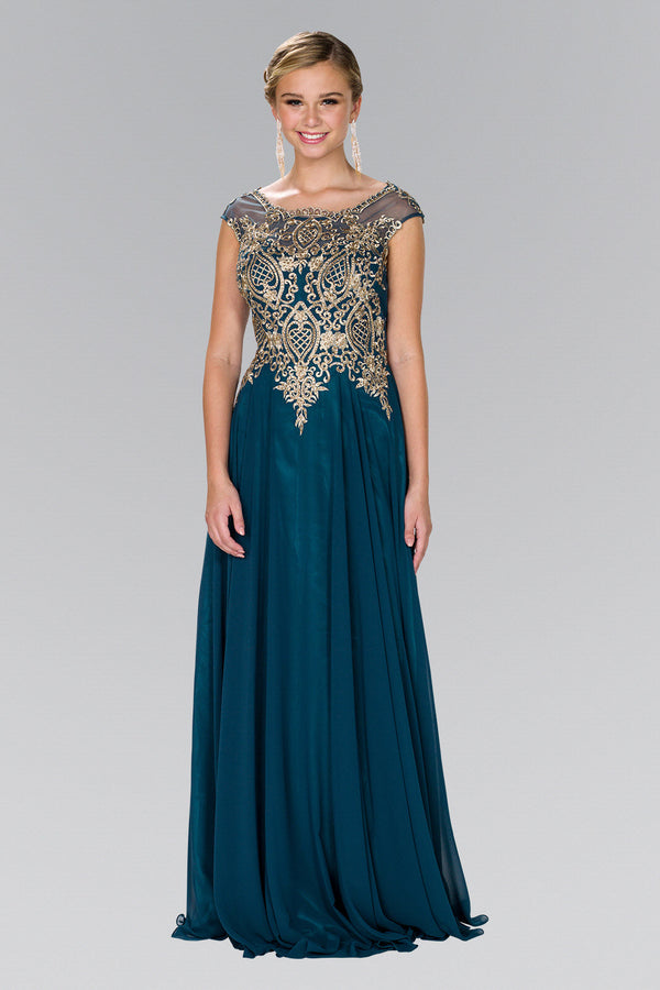 Embroidered Bodice Chiffon Long Dress-0