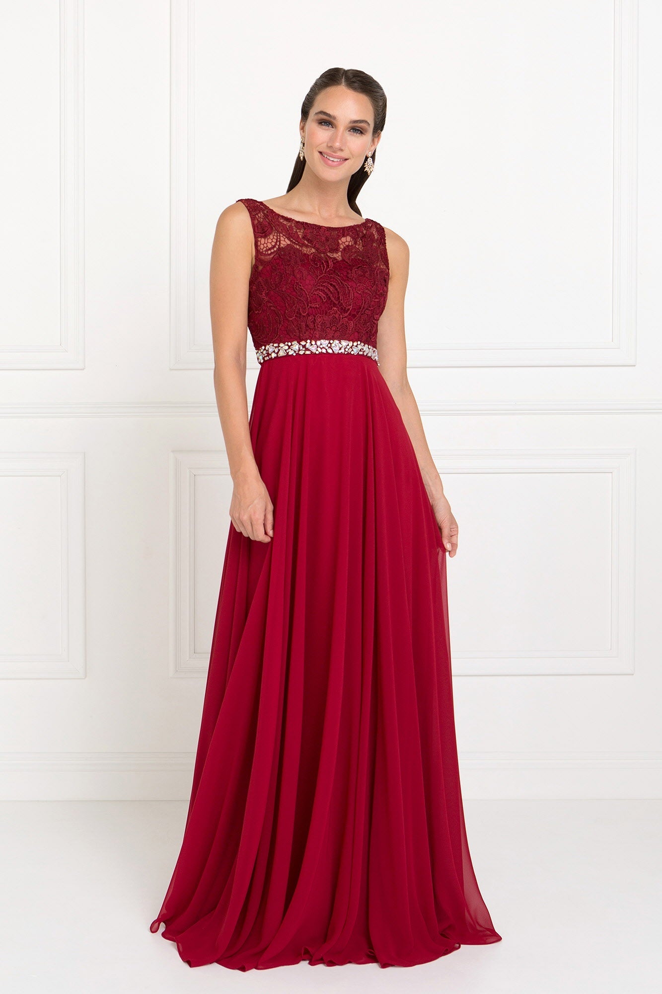 Lace Top Chiffon Long Dress Accented by Jewels on the Waist-4