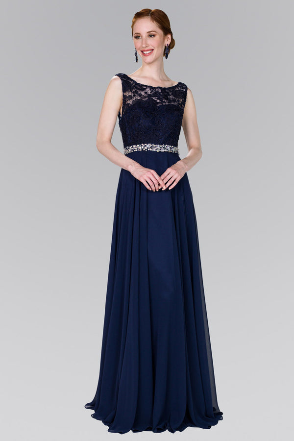 Lace Top Chiffon Long Dress Accented by Jewels on the Waist-0