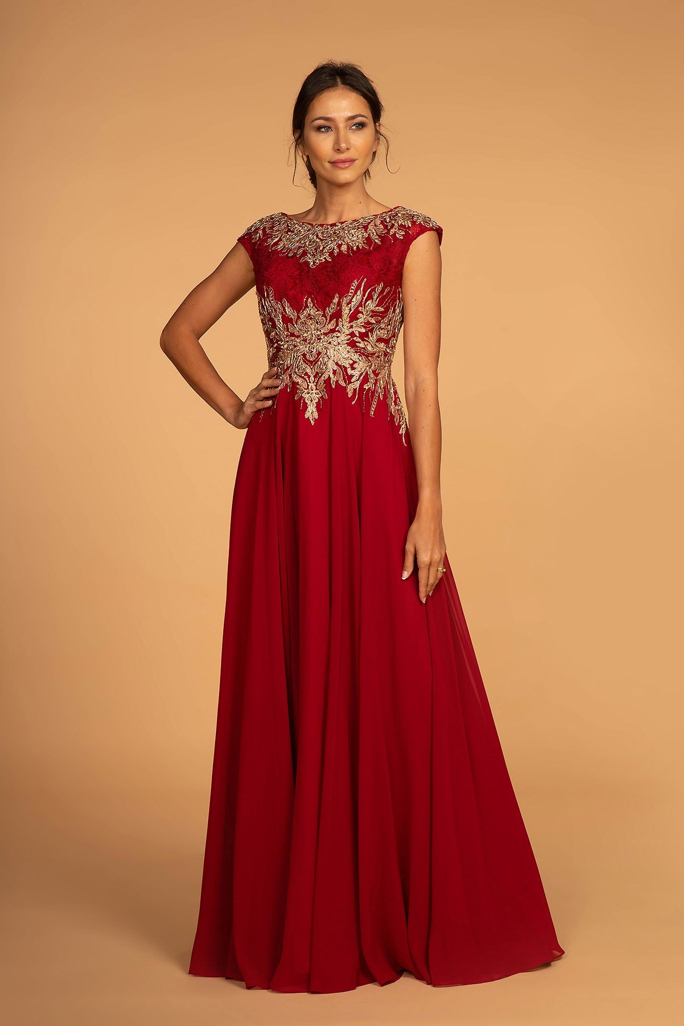 Embroidered Lace Bodice Chiffon Long Dress with Cap Sleeve-0