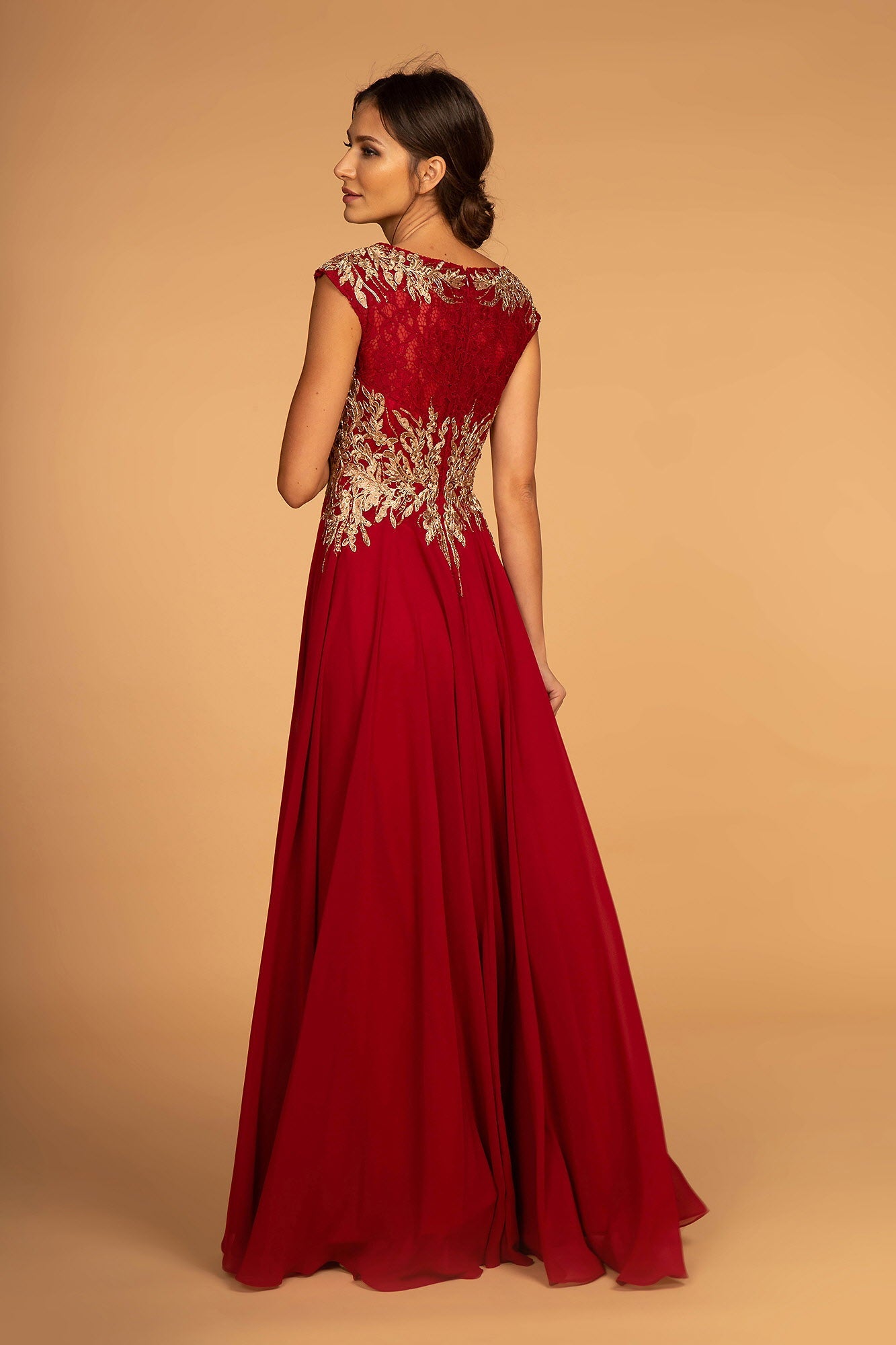 Embroidered Lace Bodice Chiffon Long Dress with Cap Sleeve-1