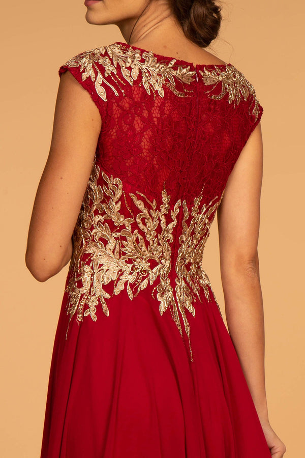 Embroidered Lace Bodice Chiffon Long Dress with Cap Sleeve-3