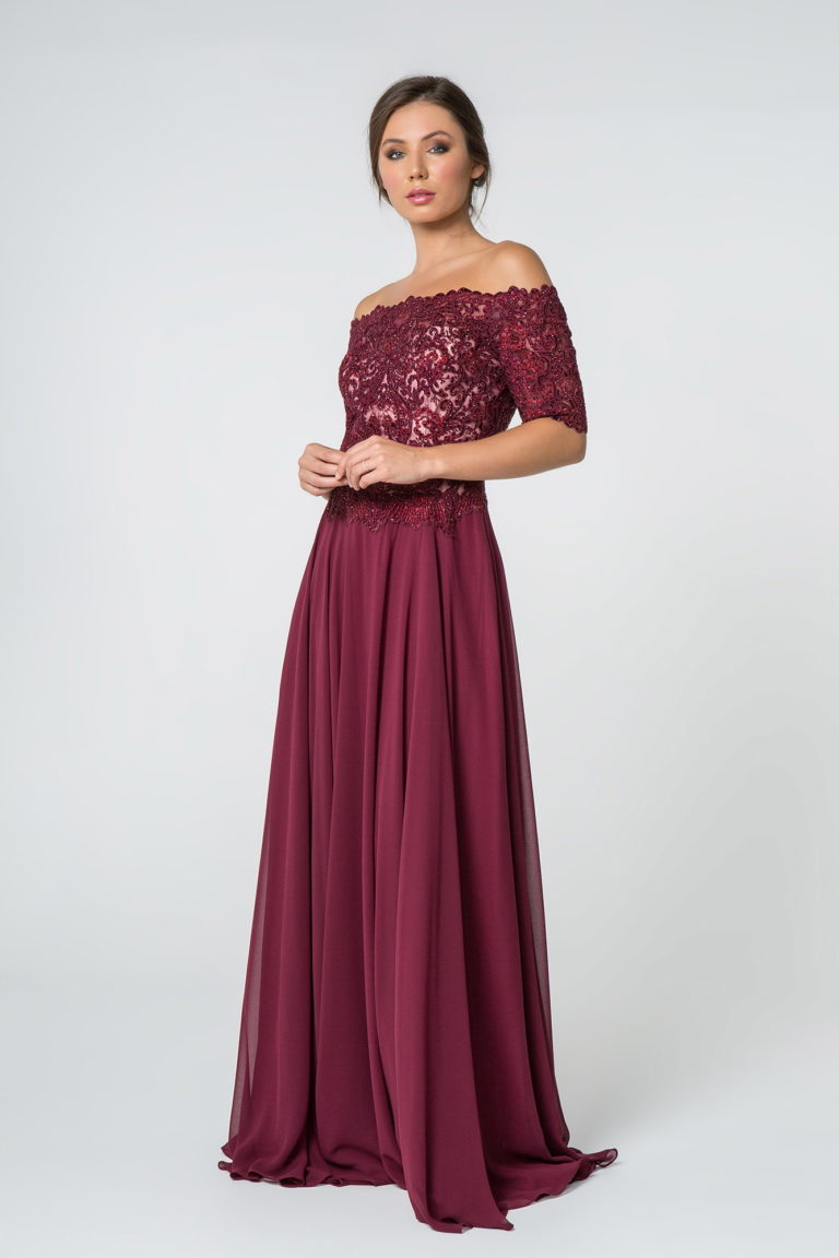 Embroidered Bodice Off-the-Shoulder Chiffon Long Dress-0