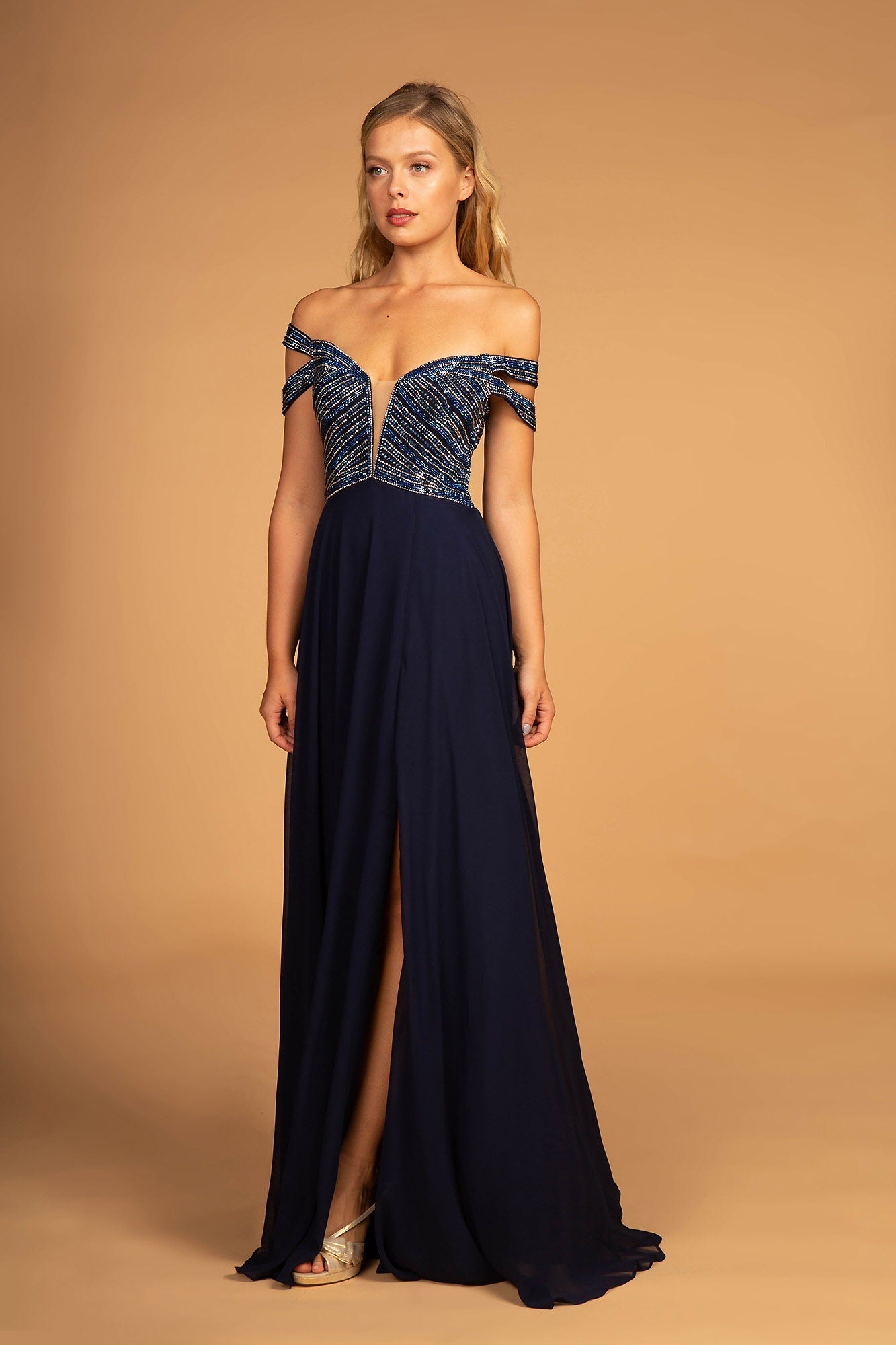 Jewel Embellished Bodice Illusion Deep V-Neck Chiffon Long Dress-4