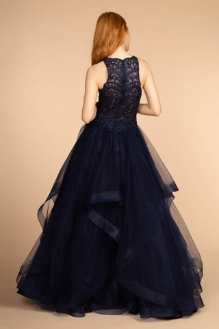 Embroidered Applique Bodice Tulle Long Dress-2