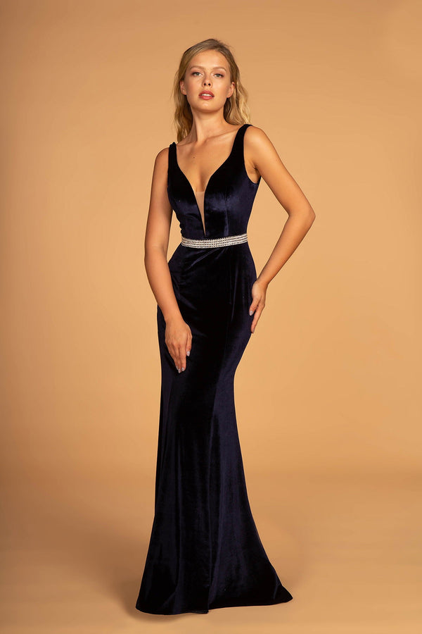 Jewel Accented Waist Line V-Neck Velvet Dress w/ U-Back-0