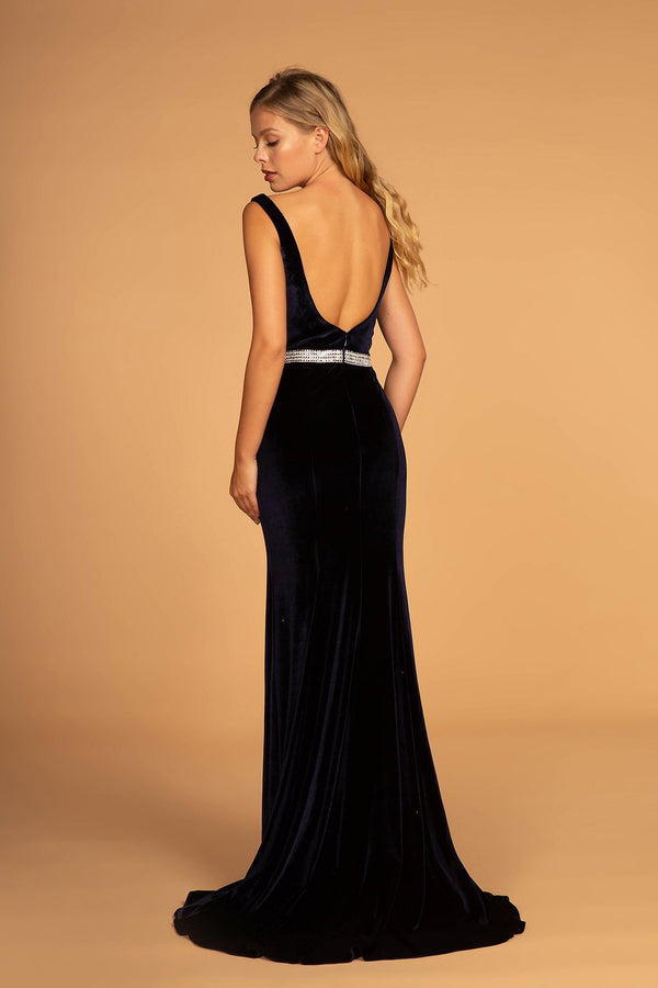 Jewel Accented Waist Line V-Neck Velvet Dress w/ U-Back-1