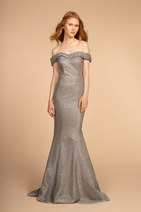 Cut-Away Shoulder Glitter Crepe Mermaid Dress-4