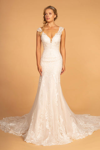 Embroidery Embellished Mesh Wedding Gown w/ Netting Shoulder Strap-0