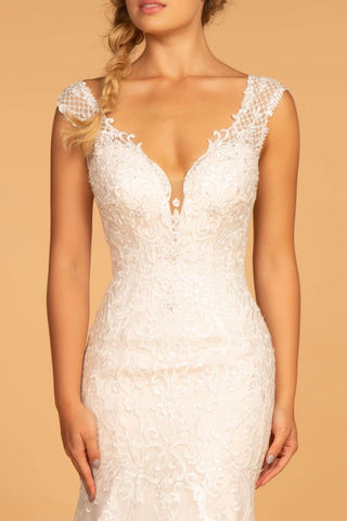 Embroidery Embellished Mesh Wedding Gown w/ Netting Shoulder Strap-2