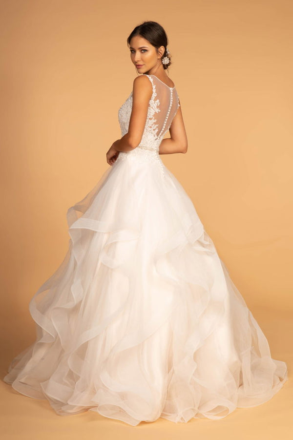 Embroidered Bodice Layered Hem Tulle Wedding Gown-1