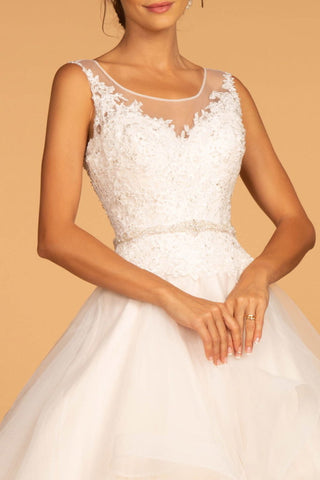 Embroidered Bodice Layered Hem Tulle Wedding Gown-2