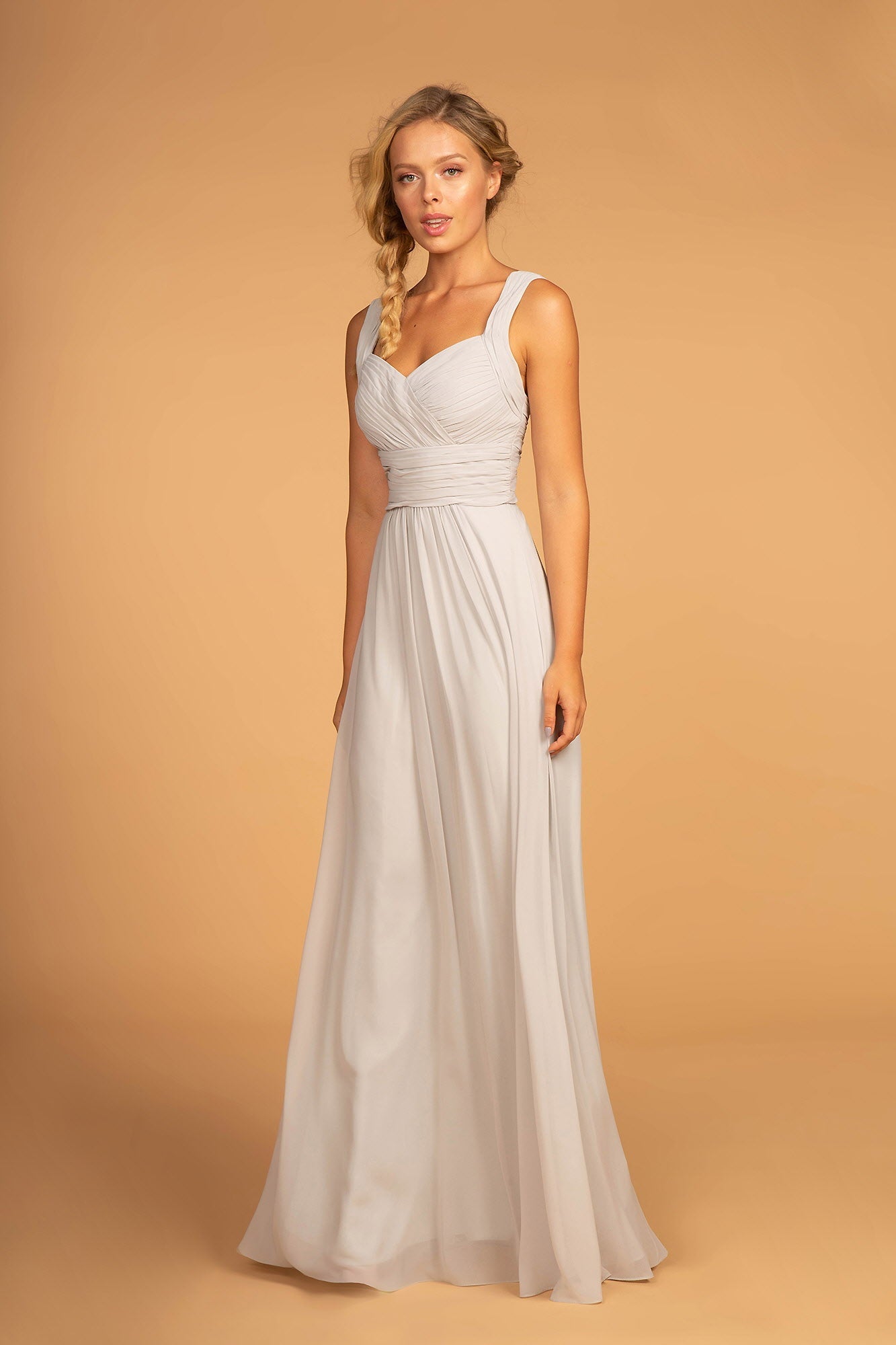 Chiffon Ruched-Bodice A-Line Long Dress-0