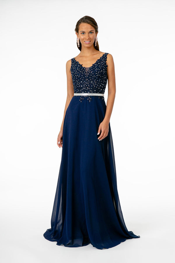 V-Neck Embroidered-Bodice Chiffon Long Dress-0