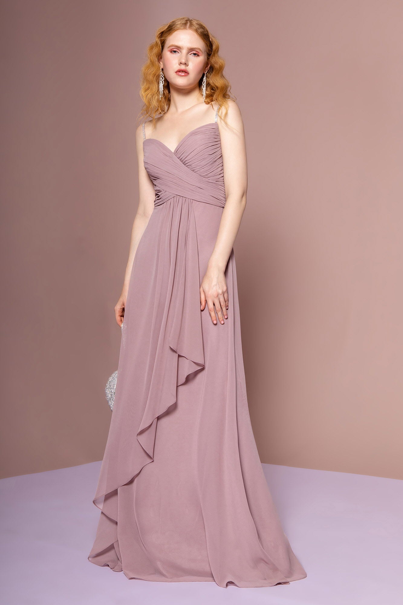 Chiffon Ruched Jewel Straps Long Dress-4