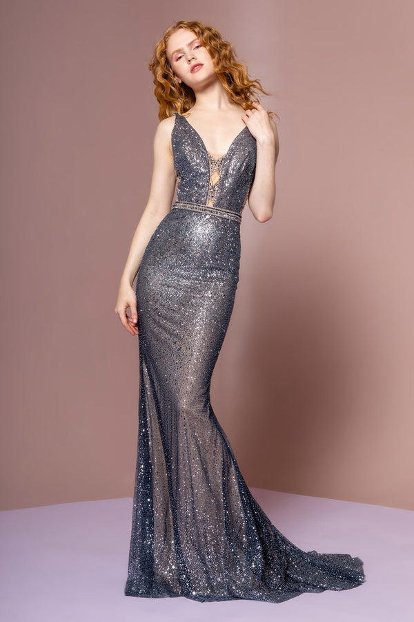 Glitter Mesh V-Neck Mermaid Long Dress-0