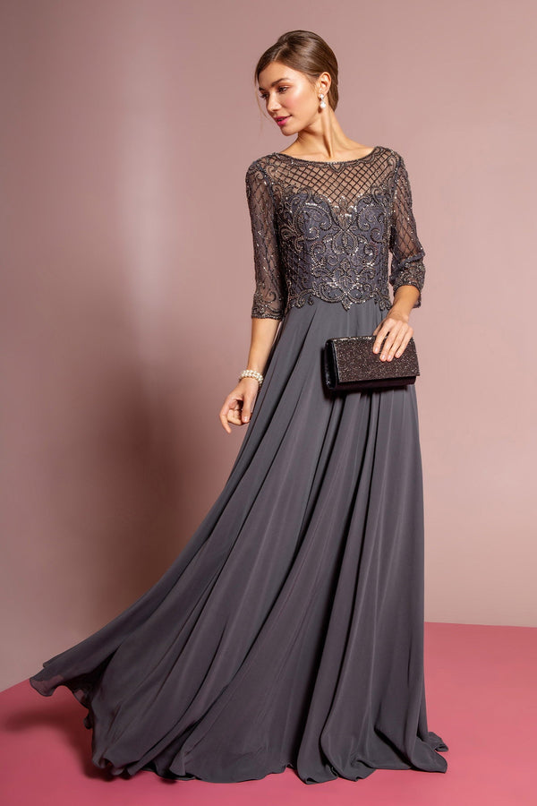 Beads Embellished Bodice Chiffon Long Dress-2