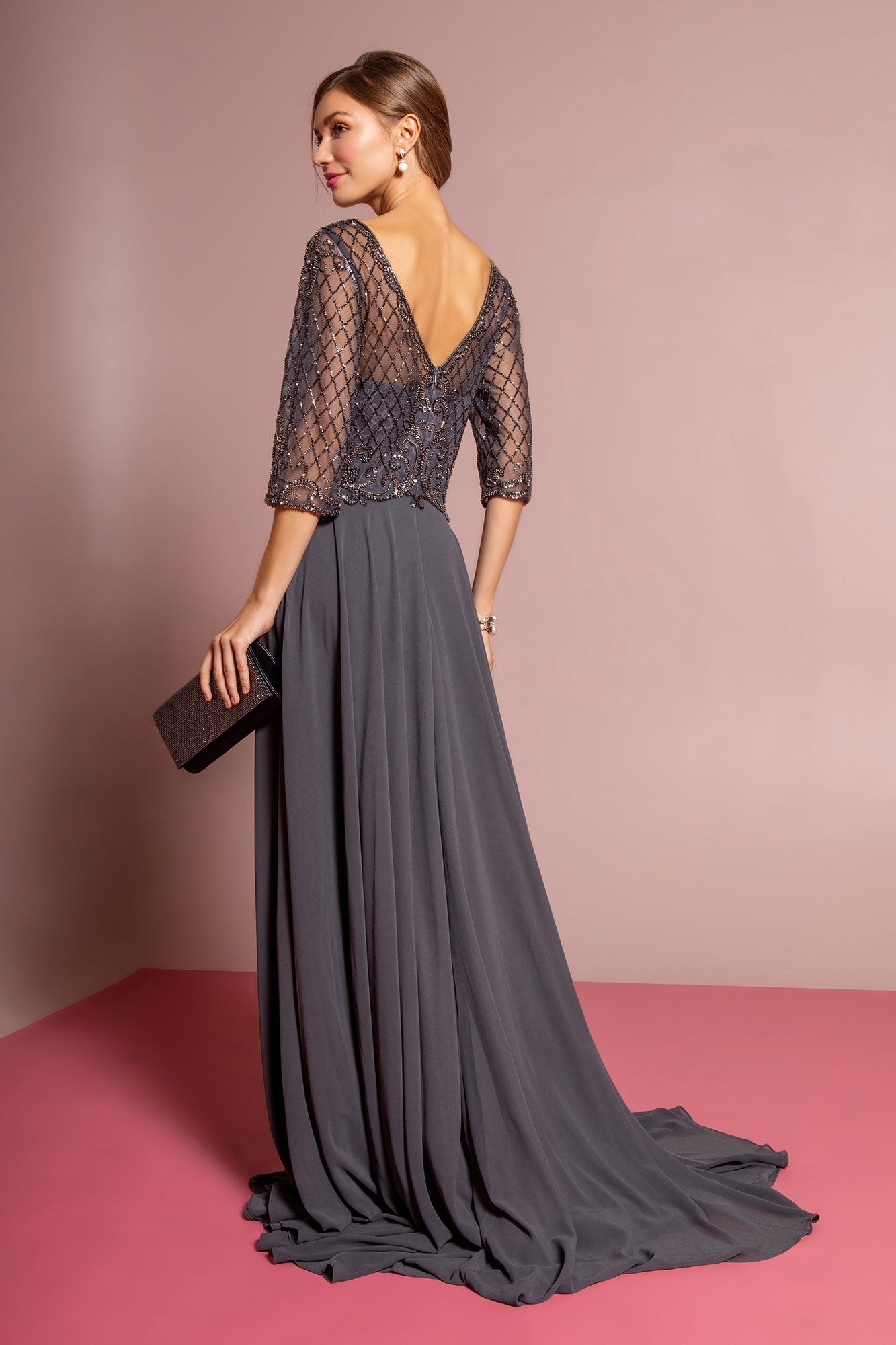 Beads Embellished Bodice Chiffon Long Dress-3