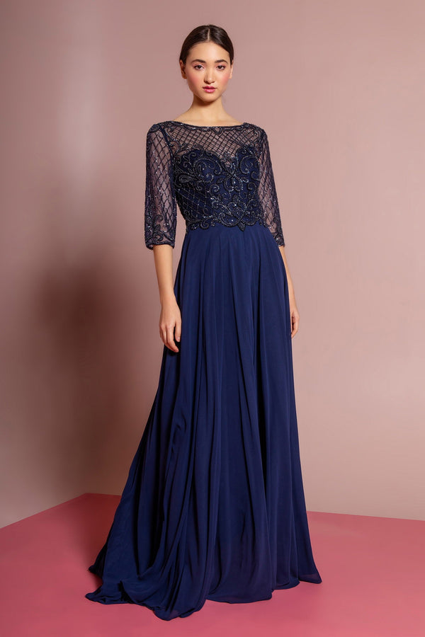 Beads Embellished Bodice Chiffon Long Dress-0