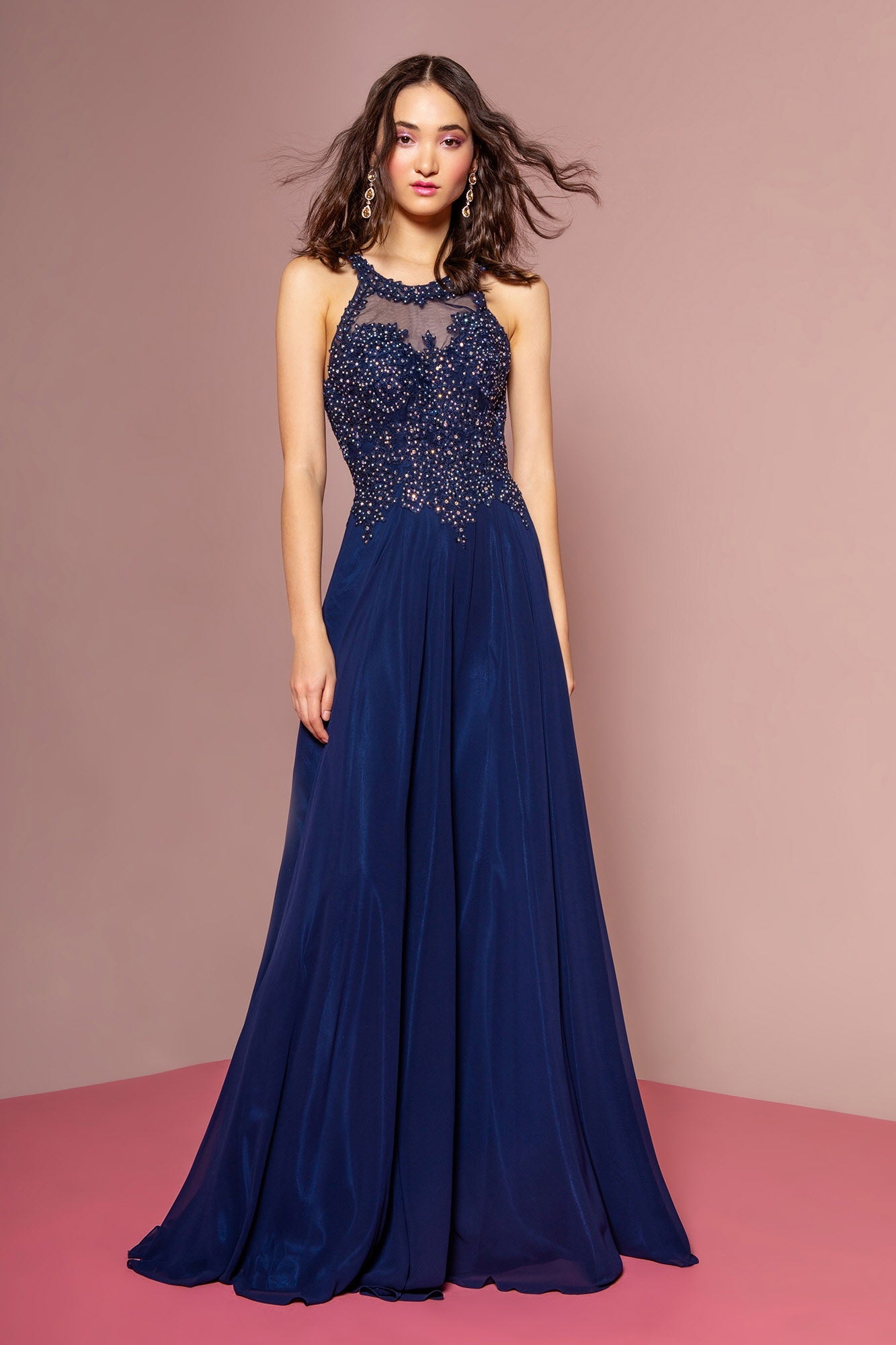 Jewel Embellished and Embroidered Bodice Chiffon Long Dress-0