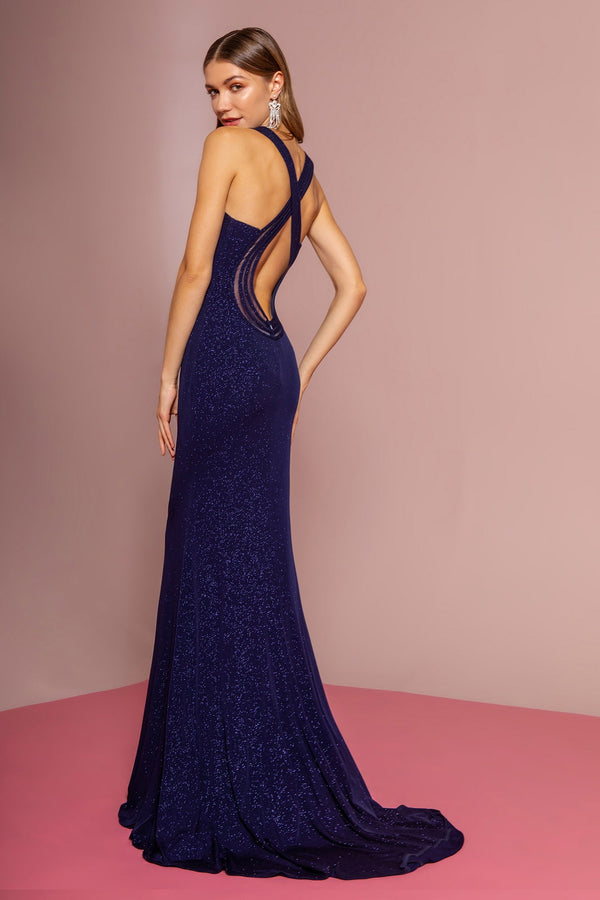 Glitter Crepe Illusion V-Neck Long Dress-1