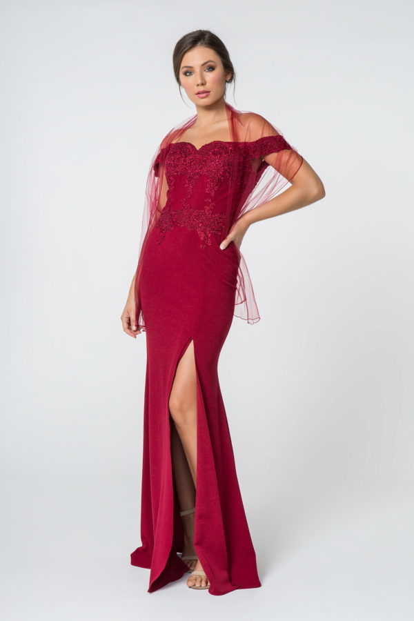 Embroidered Off-Shoulder Jersey Long Dress w/ Slit-0