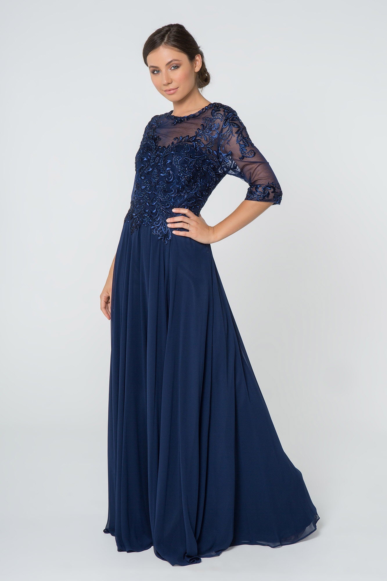 Embroidered Bodice Chiffon Long Dress-0