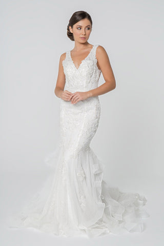 Embroidered V-Neck Sleeveless Mermaid Wedding Gown-0