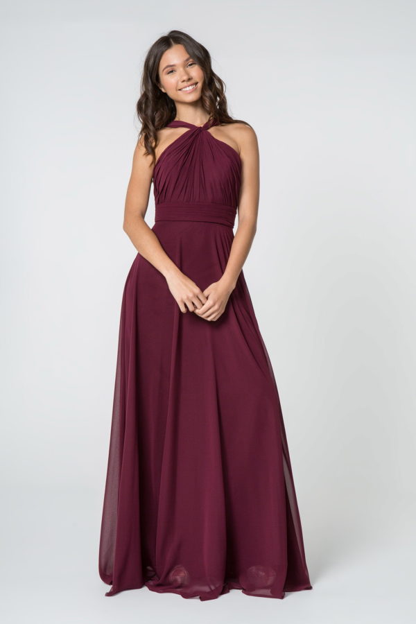 High-Neck Chiffon Ruched-Bodice A-Line Long Dress-5