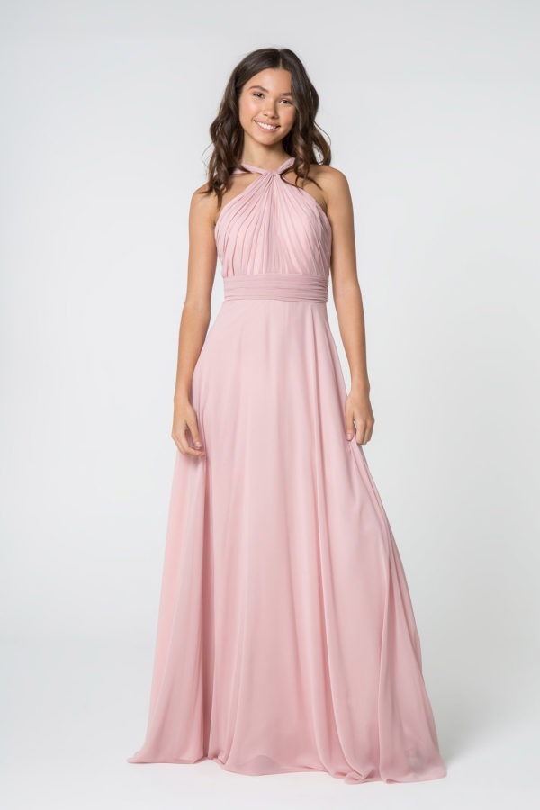 High-Neck Chiffon Ruched-Bodice A-Line Long Dress-4