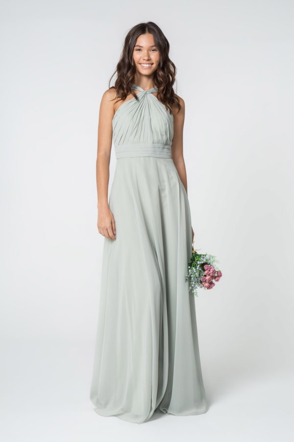 High-Neck Chiffon Ruched-Bodice A-Line Long Dress-0