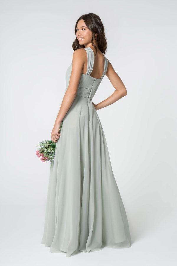 High-Neck Chiffon Ruched-Bodice A-Line Long Dress-1