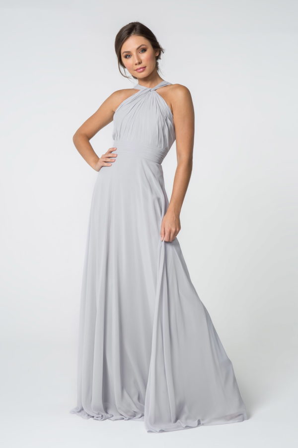 High-Neck Chiffon Ruched-Bodice A-Line Long Dress-7